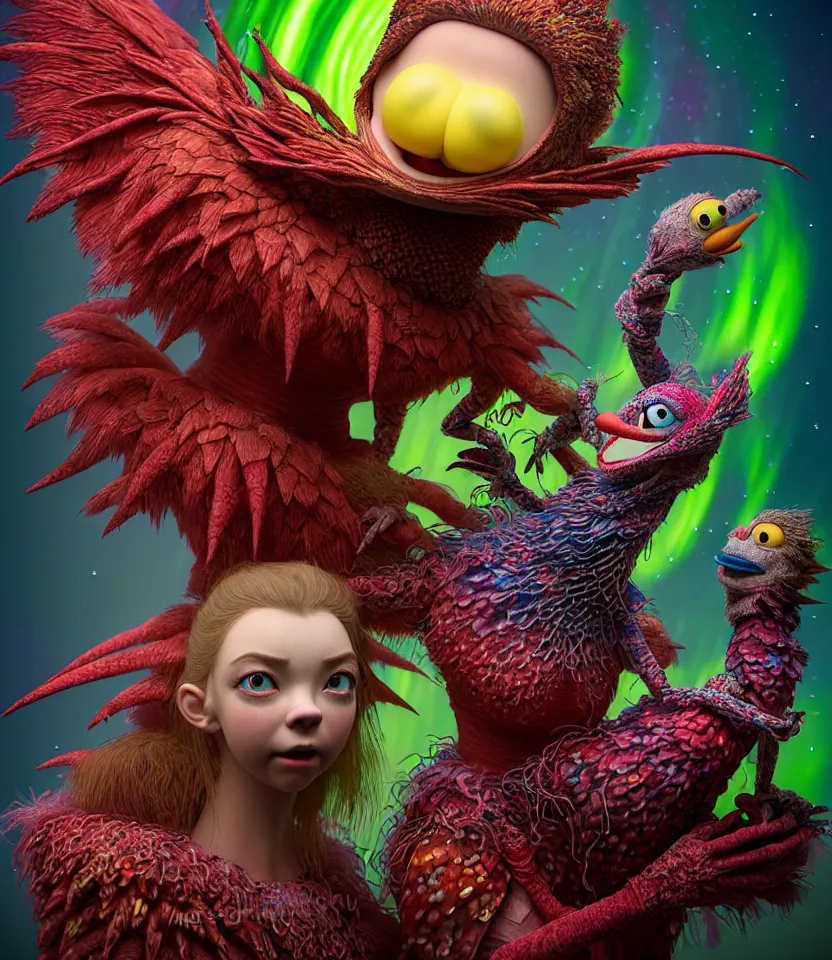 Image similar to hyper detailed 3d render like a Oil painting - kawaii portrait of hopeful lovers hugging tight or kissing pecking adorably Aurora (a beautiful girl skeksis muppet fae princess protective playful expressive acrobatic from dark crystal that looks like Anya Taylor-Joy) seen red carpet photoshoot in UVIVF posing in scaly dress to Eat of the Strangling network of yellowcake aerochrome and milky Fruit and His delicate Hands hold of gossamer polyp blossoms bring iridescent fungal flowers whose spores black the foolish stars by Jacek Yerka, Ilya Kuvshinov, Mariusz Lewandowski, Houdini algorithmic generative render, golen ratio, Abstract brush strokes, Masterpiece, Edward Hopper and James Gilleard, Zdzislaw Beksinski, Mark Ryden, Wolfgang Lettl, hints of Yayoi Kasuma and Dr. Seuss, Grant Wood, octane render, 8k