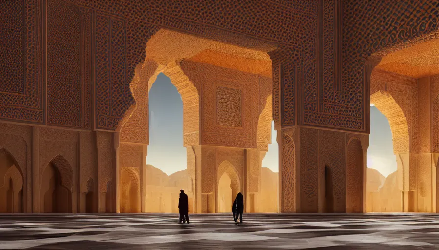 Prompt: the inside of a monument with moroccan motifs, by tim blandin and arthur haas and bruce pennington and john schoenherr, big windows architecture by zaha hadid, octane render, cinematic, scenery, cgsociety, modernism, futuristic, trending on artstation, sci - fi, high detail, high quality, close up angle, people walking