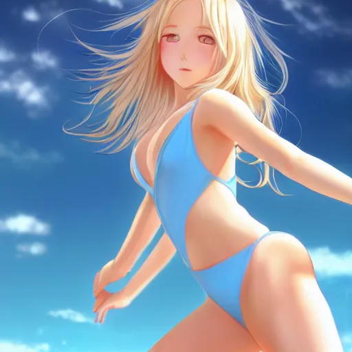 Prompt: a very beautiful young anime gymnastics girl, full body, long wavy blond hair, sky blue eyes, full round face,, bikini, miniskirt, front view, mid - shot, highly detailed, cinematic wallpaper by stanley artgerm lau