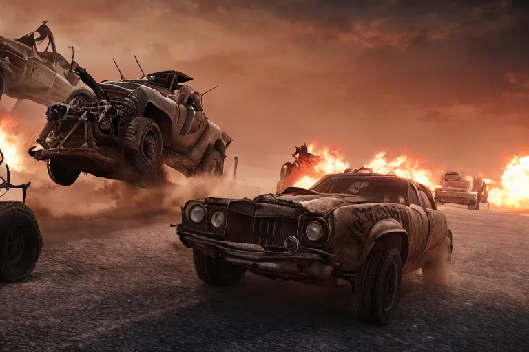 Prompt: mad max fury road film still, racing on a post apocalyptic highway, gta 5, fallout 4, rocket league, hyper detailed, forza, smooth, high contrast, volumetric lighting, octane, george miller, jim lee, vibrant rich deep color, comic book, ridley scott