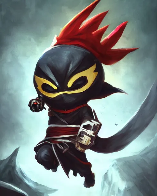 Image similar to oil painting of Anthropomorphized Angry cute chibi ninja, attacking, throwing shurikens, wearing black ninja suit, sharp focus, fantasy style, octane render, volumetric lighting, 8k high definition, by greg rutkowski, highly detailed, trending on art Station, magic the gathering artwork, magical forest background from MapleStory, centered