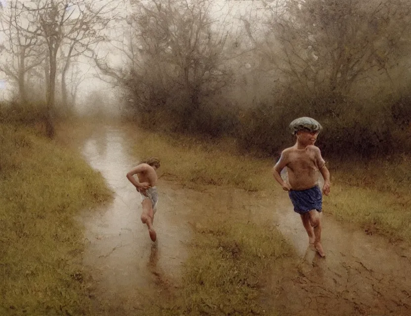 Image similar to peasant boy running under the rain, cottage core, cinematic focus, polaroid photo bleached vintage pastel colors high - key lighting, soft lights, foggy, by steve hanks, by lisa yuskavage, by serov valentin, by tarkovsky, 8 k render, detailed, oil on canvas