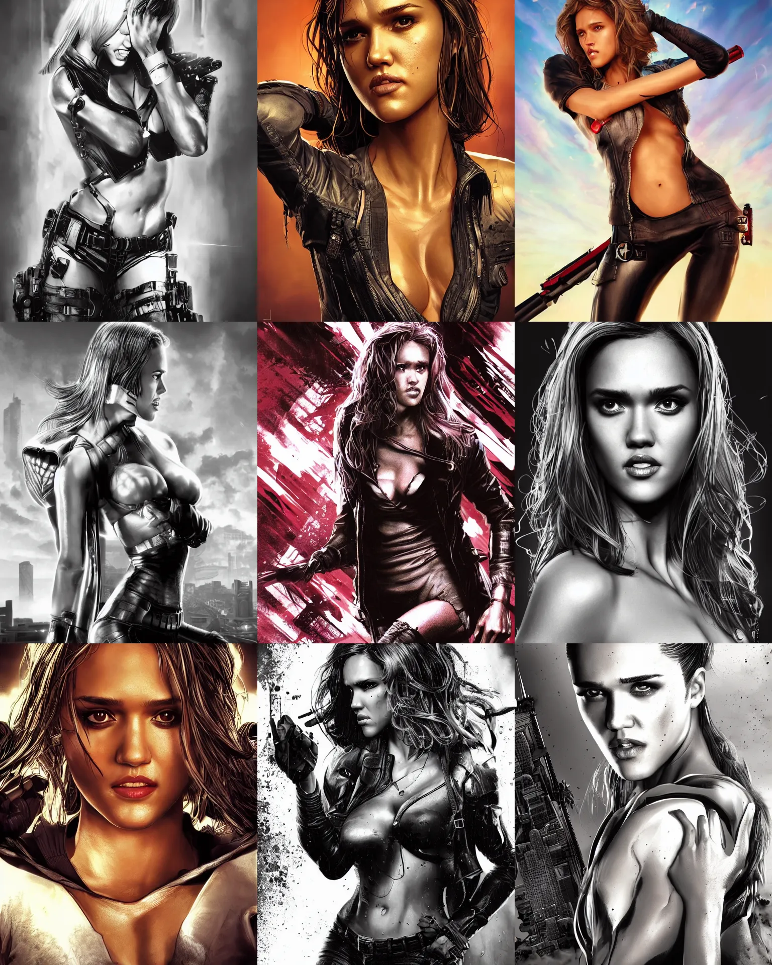 Prompt: Sin city Jessica Alba as an Apex Legends character digital illustration portrait design by, Mark Brooks and Brad Kunkle detailed, gorgeous lighting, wide angle action dynamic portrait