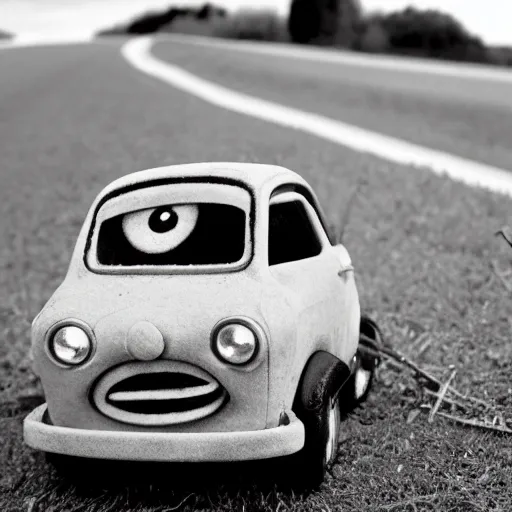 Image similar to an old cozy coupe toy car, abandoned on the side of the road. weeds are overgrown and the eyes on the car look slightly angry. the wheels seem to be turning into hands. black and white photo. surrealism.