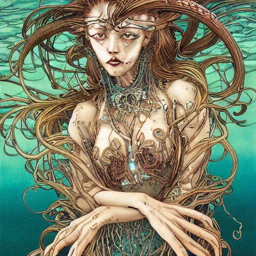 Prompt: portrait of crazy mermaid, symmetrical, by yoichi hatakenaka, masamune shirow, josan gonzales and dan mumford, ayami kojima, takato yamamoto, barclay shaw, karol bak, yukito kishiro