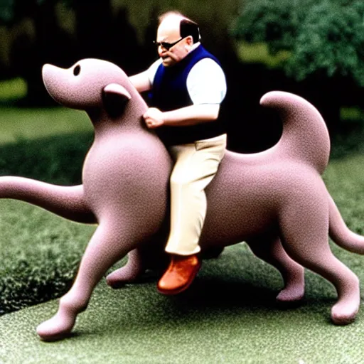 Image similar to George Costanza (from Seinfeld) riding a wolf