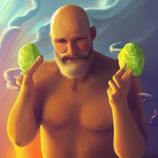 Prompt: balded man, beard, paradise, hell, candies, serene, divine, magical, artstation