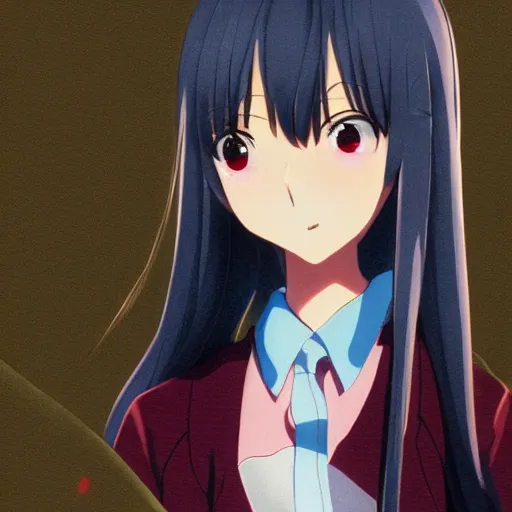 Image similar to a high detail portrait of high school girl by makoto sinkai, kyoto animation, kawaii, full body, in simple background, CLIP STADIO, mad painting