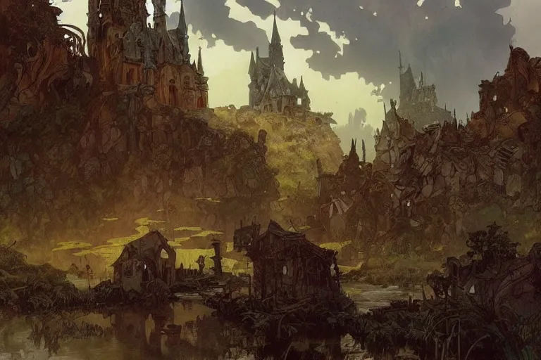 Prompt: a beautiful moody painting of murky swamp with a wrecked castle, peasants living in a slums looking at the castle, by Joe Madureira and Greg Rutkowski and Alphonse Mucha