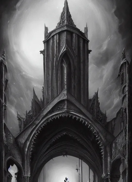 Image similar to By Tom Bagshaw, ultra realist soft painting of a gothic crypt by night, male vampire smile, horror, omnious sky, symmetry accurate features, very intricate details, black and white, volumetric light clouds