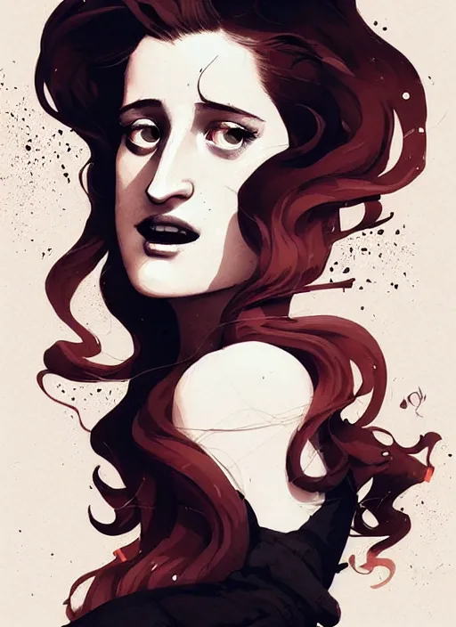 Image similar to highly detailed closeup portrait of beautiful grace gummer as dom dipierro, wavy ginger hair, black dress, by atey ghailan, by greg rutkowski, by greg tocchini, by james gilleard, by joe fenton, by kaethe butcher, gradient orange, black and white color scheme, grunge aesthetic!!! ( ( graffiti tag wall background ) )