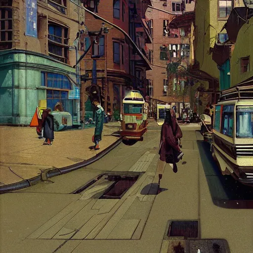 Prompt: detailed 3d render painting of a scifi street with nylon fashion and flying cars. cinematic, artstation, syd mead, beksinski, norman rockwell, egon schiele