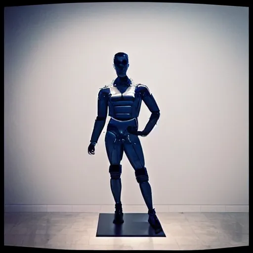 Image similar to “a realistic detailed photo of a guy who is an attractive humanoid who is half robot and half humanoid, who is a male android, actor Liam Hemsworth, shiny skin, posing like a statue, blank stare, at the museum, on display”