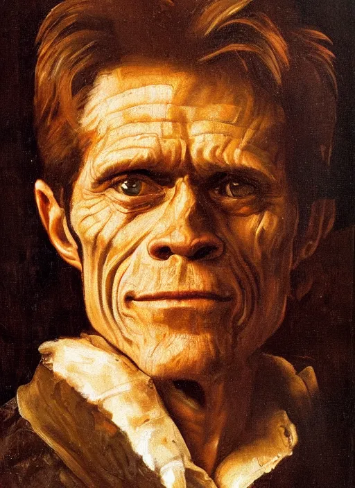 Image similar to portrait painting of willem dafoe with stubble, renaissance oil painting, chiaroscuro