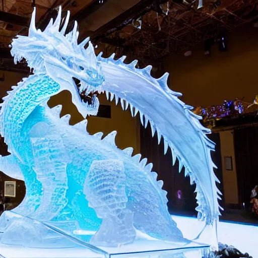 Prompt: a majestic dragon made of ice, crystal - clear ice sculpture, detailed fantasy photography