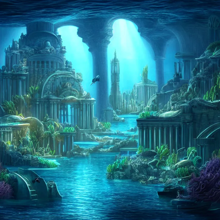 Image similar to hyper realistic, high detail photo of city of atlantis, underwater, lights on, beautiful, dreary lighting