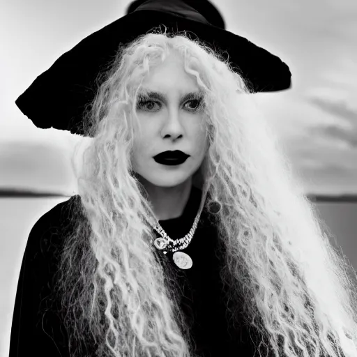 Image similar to a blonde woman in a black robe lying on the deck of a ship, a beautiful english woman with a long face narrow nose pale skin blue eyes red lips and wild messy tangles of curly white blonde hair, high resolution film still wearing a black robe and skull necklace, sandy, a journey to the west