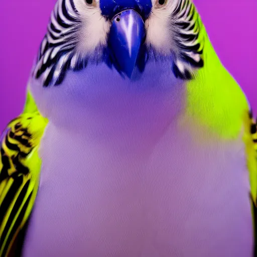 Prompt: budgie studio portrait, 5 0 mm prime lens, 1 0 0 iso, purple background