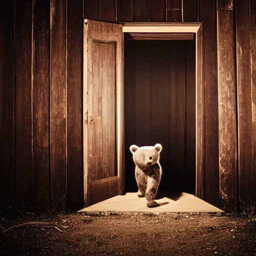 Image similar to dark photograph of a small bear mascot walking through a large wooden doorway