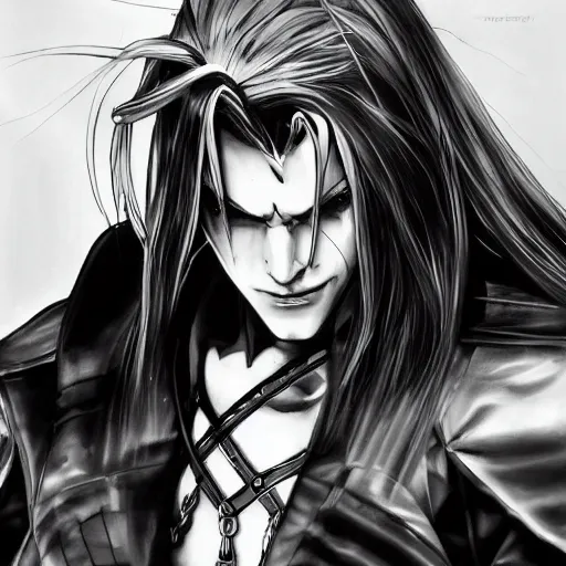 Image similar to a beautiful painting of sephiroth by yoji shinkawa, metal gear solid, strong lines, black and white, atmosphere and tension, japanese, trending on artstation