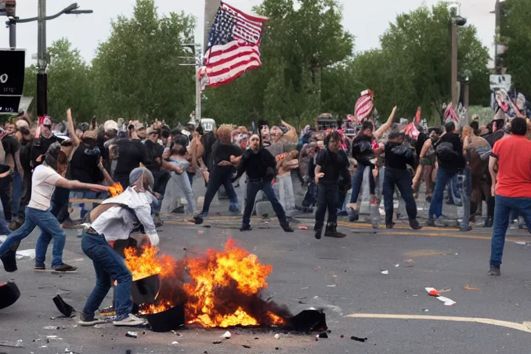 Prompt: violent protest in front of The cracker barrel, photorealistic