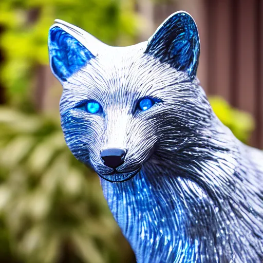 Prompt: Portrait photography of an Silver fox sculpture with glowing blue eyes