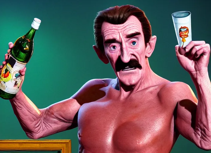 Prompt: barry chuckle chugging a bottle of snake oil, artwork by richard corben, 3 d, high resolution 8 k