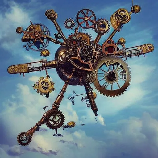 Prompt: flying city in a mechanical flower flower, sky, steampunk!!!, fantasy art, steampunk, masterpiece