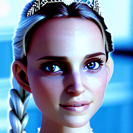 Image similar to princess elsa played by a young natalie portman with smooth skin and light blue eyes, ethereal, mystic, medium shot, detailed eyes, vivid, golden hour