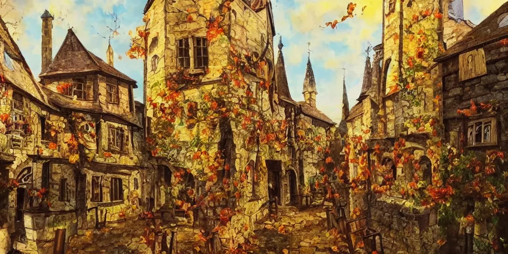 Image similar to a middle european medieval town during autumn, painting, beautiful, award winning masterpiece