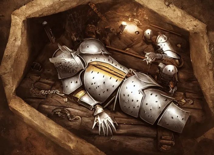 Prompt: a beautiful composition detailed photograph of a dead poisoned armored knight paladin lying in a wooden bed in a cell in a dungeon. strong knight. wooden bed. a rat looking the corpse