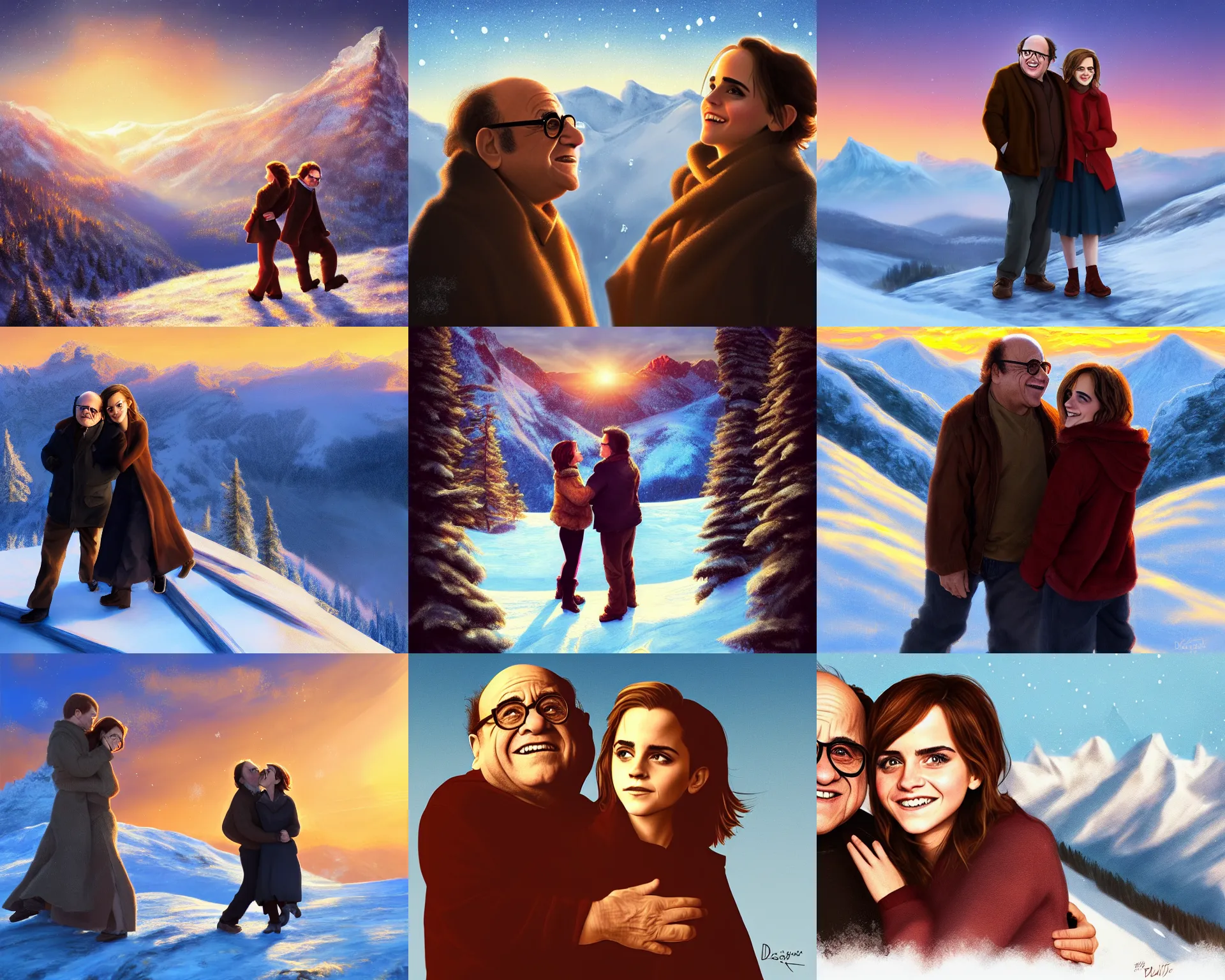 Prompt: danny devito and emma watson at winter mountaintop, golden hour, digital art, loving embrace, trending on artstation