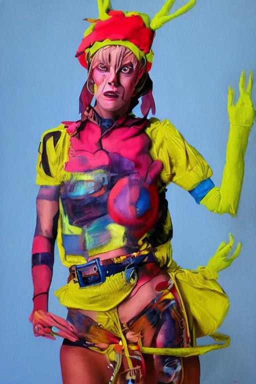 Image similar to a character wearing a diy! costume, with fluo colored details, muted colors, vivienne westwood, nausicaa, hyper real painting