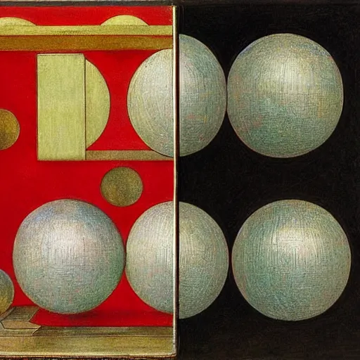 Prompt: chrome spheres on a red cube by edward burne jones