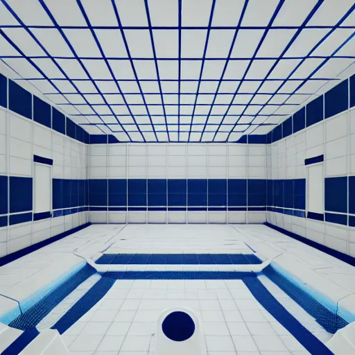 Image similar to a very large empty pool, liminal space, white and blue ceramic tile ceiling, symmetrical centered view, octane render, sharp focus, very coherent