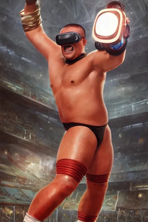Image similar to painting of a wrestler character wearing vr goggles, shrugging arms, shrug, shrug life, ultra realistic, sharp details, subsurface scattering, intricate details, warm lighting, highly detailed, photorealistic, octane render, 8 k, unreal engine, art by artgerm and greg rutkowski and alphonse mucha