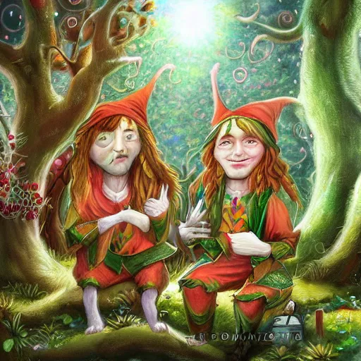 Image similar to highly detailed commune of hedonist elves. the elves are carefree and playful. digitally painted forest scene. The elves each have the face of famous musician Ed Sheeran. pixiv, artbreeder. high quality art