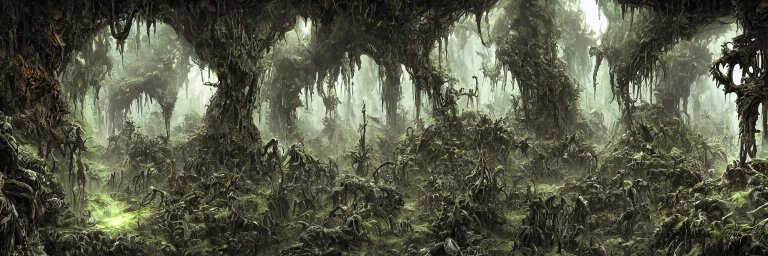 Prompt: underground cave on an exotic alien planet, dark jungle archways of antler trees in the background, weed overgrowth, insectile plants, demon faces, skulls, by ian miller, rodney matthews and artstation, photorealistic render