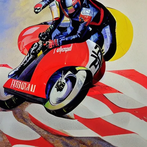 Image similar to photorealistic picture, by bob peak and alex ross, moto gp ads in 1 9 9 0 s, gouache and wash paints, fine details, fine intricate, fine facial proportionate, fine body proportionate, fine posse proportionate, smooth sharp focus, sharp focus