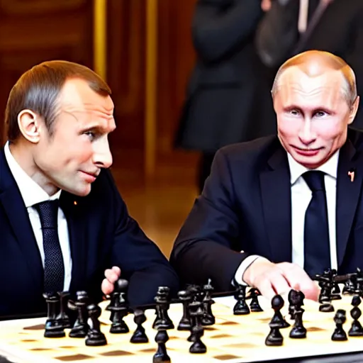 Prompt: macron playing chess with putin, sharp focus, stolen footage