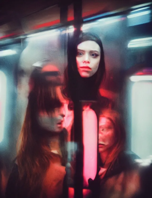 Prompt: portrait of girl with smokey eyes makeup in a subway train, dressed in leather suit, neon light, wide high angle coloured polaroid photograph with flash, kodak film, hyper real, stunning moody cinematography, with anamorphic lenses, by maripol, fallen angels by wong kar - wai, style of suspiria and neon demon and children from bahnhof zoo, detailed