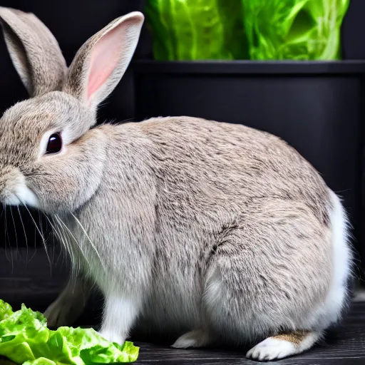 Prompt: Rabbit eating lettuce, black and white fur, very furry, pink nose , photorealistic, ultra-detailed, 4k high resolution, HDR shot