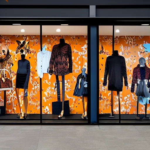 Image similar to a shopping mall picture outside of a fox-themed clothing store vendor, designed after foxes, Fox design patterns on the orange wall, realistic photo