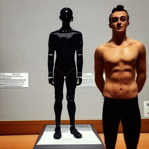 Prompt: “a realistic detailed photo of a guy who is an attractive humanoid who is half robot and half humanoid, who is a male android, British diver Tom Daley, shiny skin, posing like a statue, blank stare, at the museum, on display”