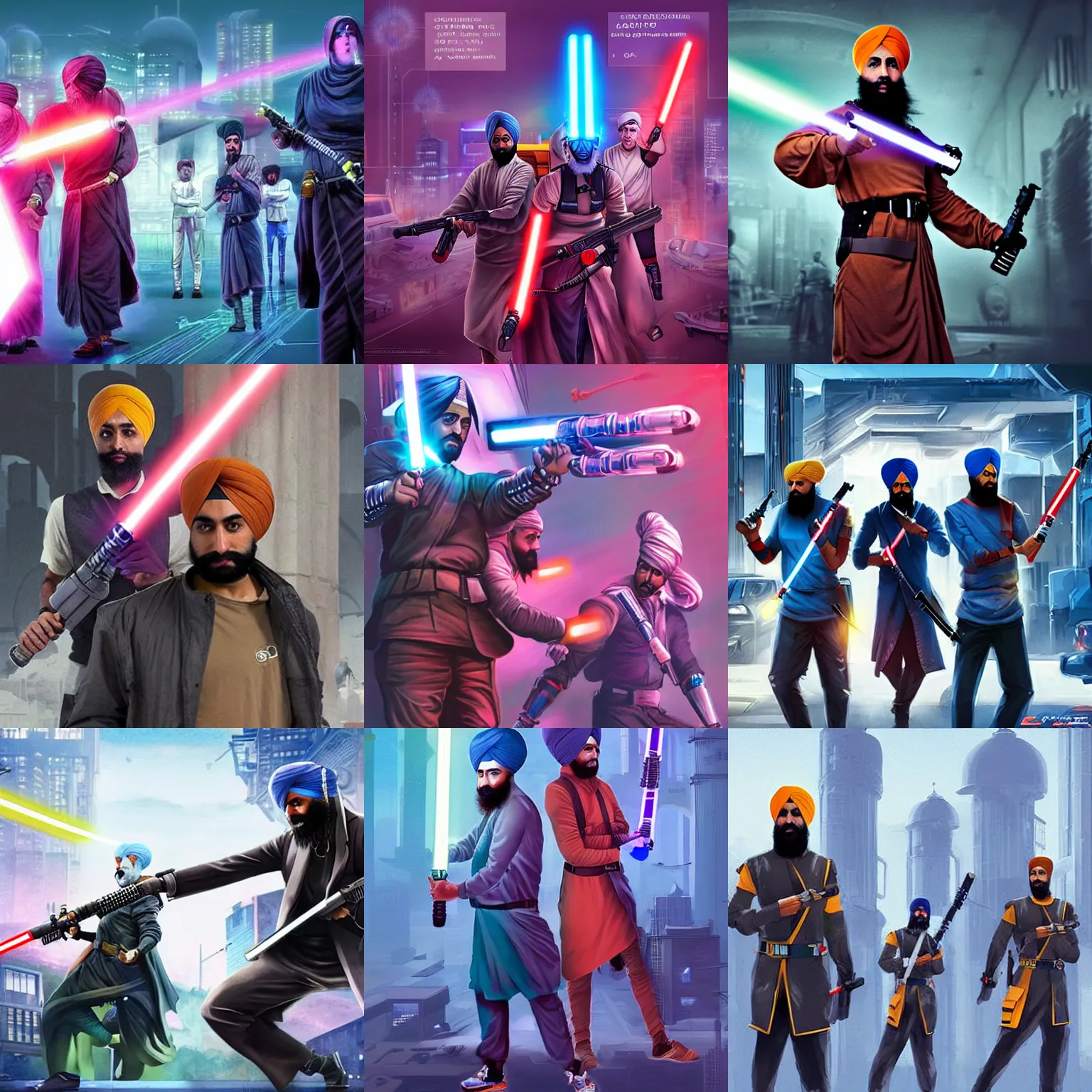 Prompt: sikh cyberempire, everyone is wielding lightsabers, flying cars and no crime, cyberpunk aesthetic
