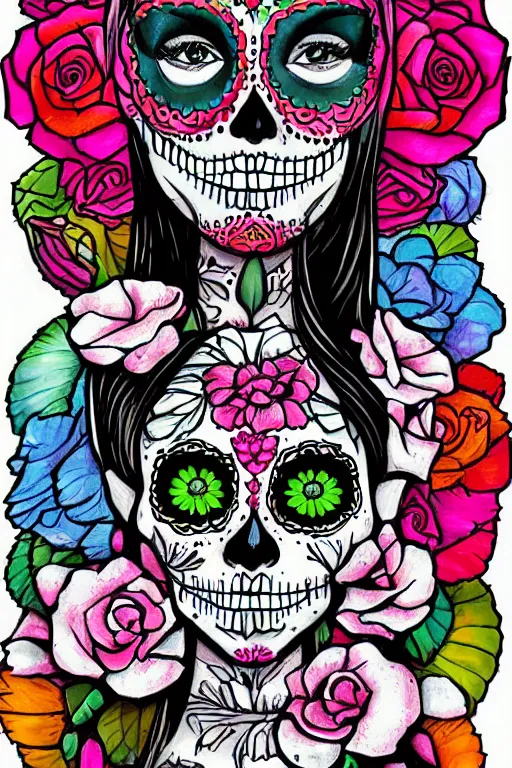 Prompt: illustration of a sugar skull day of the dead girl, art by joe petagno