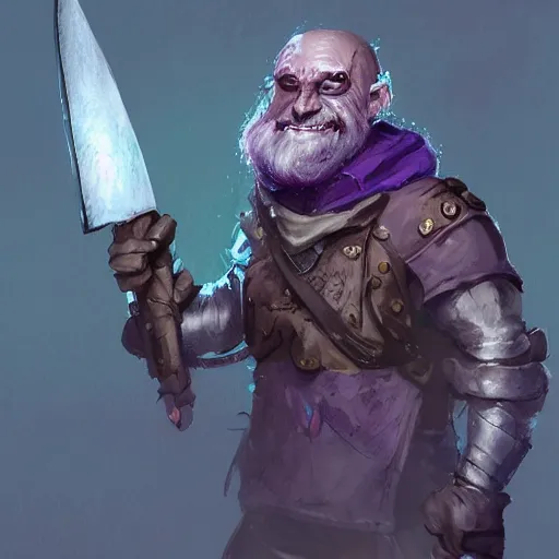 Prompt: male duergar adventurer with purple skin, by Ismail Inceoglu, wearing leather adventuring clothes, shabby, short, bald, wielding knife, happy grin, character portrait closeup, digital art, dungeons and dragon, character