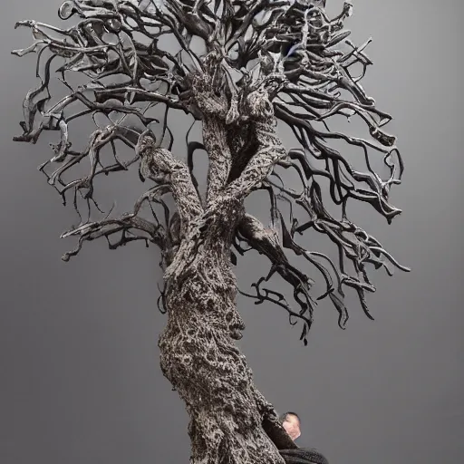 Image similar to a human man statue stuck in a cosmic tree, a sense of awe, amazement, monogon, plasma display, wooden, silver, mercury, damascus, armature wire, multiscopy, morph, in a symbolic and meaningful style, insanely detailed and intricate, hypermaximalist, elegant, ornate, hyper realistic, super detailed,