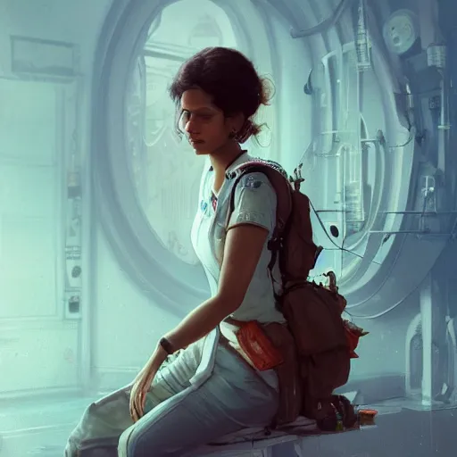 Prompt: Anxious beautiful young female Indian Doctor catching a flight, by Cedric Peyravernay, highly detailed, excellent composition, cinematic concept art, dramatic lighting, trending on ArtStation