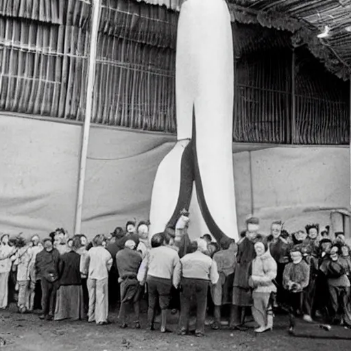 Image similar to The world's largest banana, there are people standing next to the banana depicting its scale, photo taken on a ww2 camera.